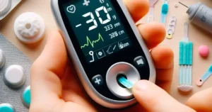 Un sistema de monitorización de glucosa intermitente que requiere una punción y una tira reactiva.