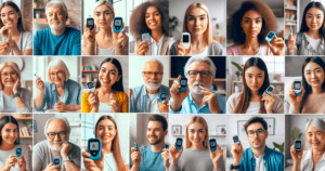 Collage de personas utilizando medidores de glucosa. Controla tu glucosa con GlucosaPro para mejorar tu salud.