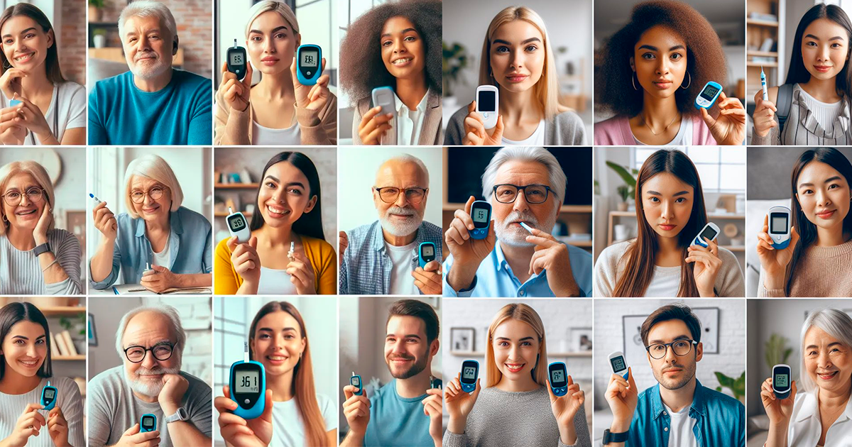 Collage de personas utilizando medidores de glucosa. Controla tu glucosa con GlucosaPro para mejorar tu salud.