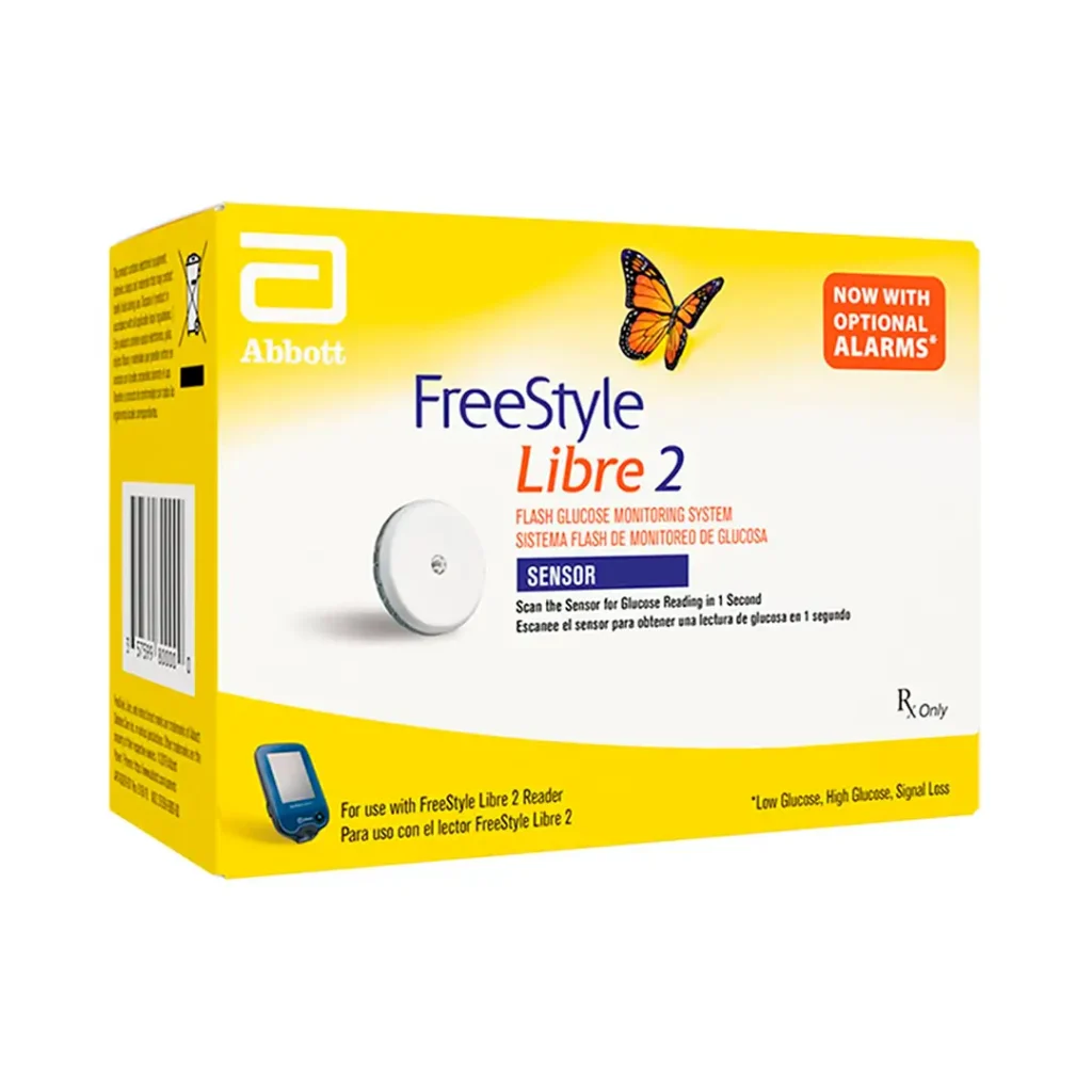Imagen del sensor de control de glucosa FreeStyle Libre 2 de Abbott. Este dispositivo innovador ofrece monitoreo continuo de glucosa sin pinchazos, brindando comodidad y precisión en el manejo de la diabetes.